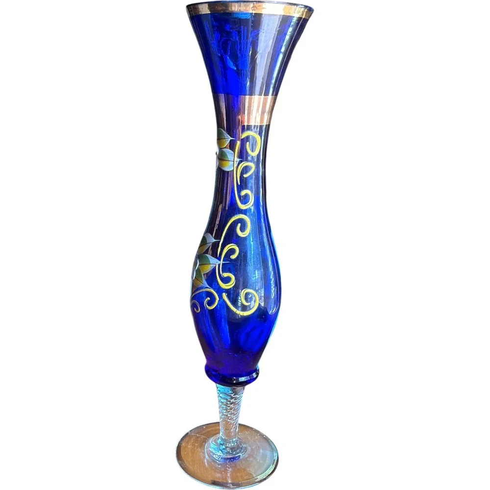 Vintage Cobalt Blue Glass Bud Vase Hand Painted Floral Gold Trim Murano Style